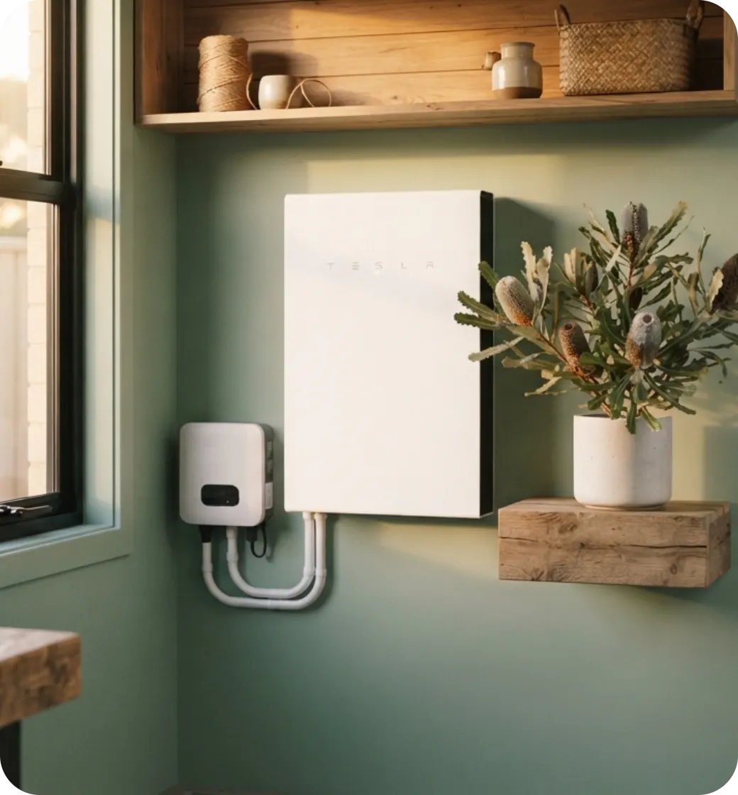 A wall-mounted home battery in a sunlit room